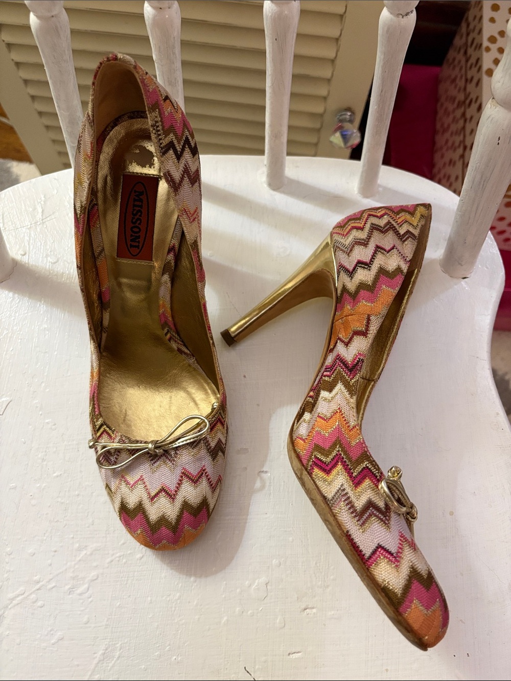 Y2K Missoni Multicolor Metallic Zigzag Pumps with Gold Heel 38 7.5 8